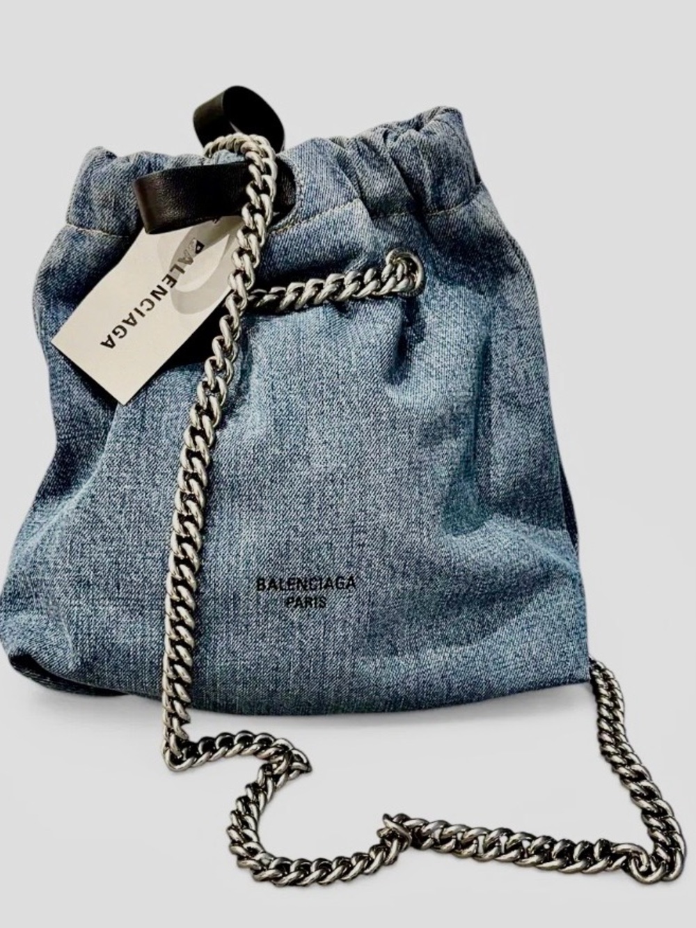 Balenciaga Denim Crush Bucket Bag with Silver Chain Strap